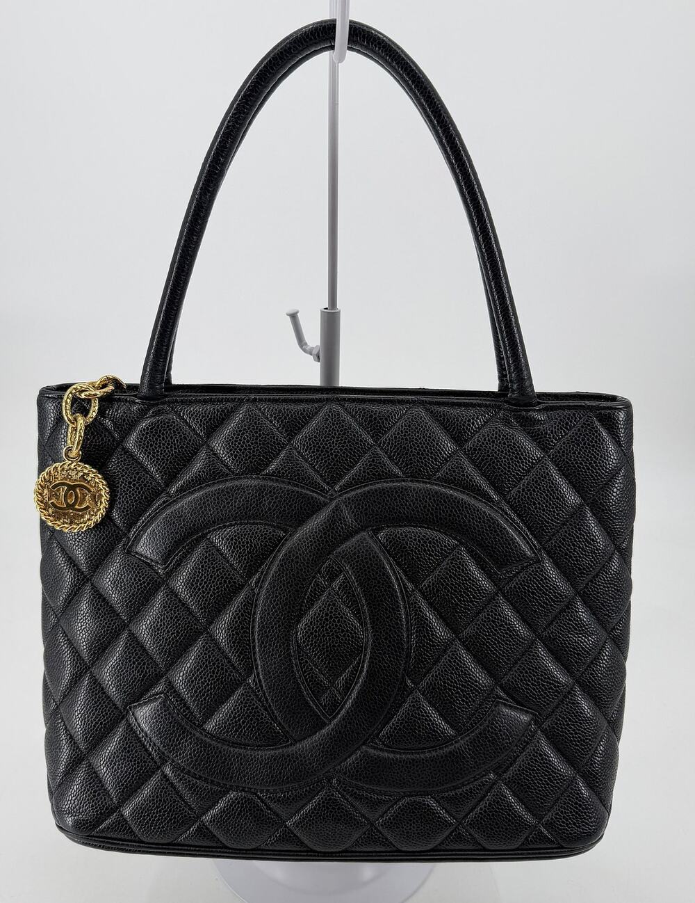 Chanel Black Caviar Quilted Medallion Tote Bag Gold Hardware CC Charm Vintage